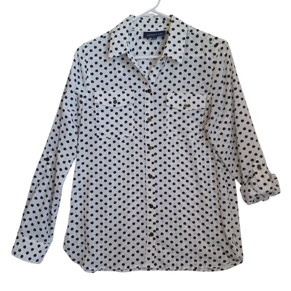 Jones New York Blouse White Black Apple Print Roll Tab Sleeves Womens Medium - Picture 7 of 7